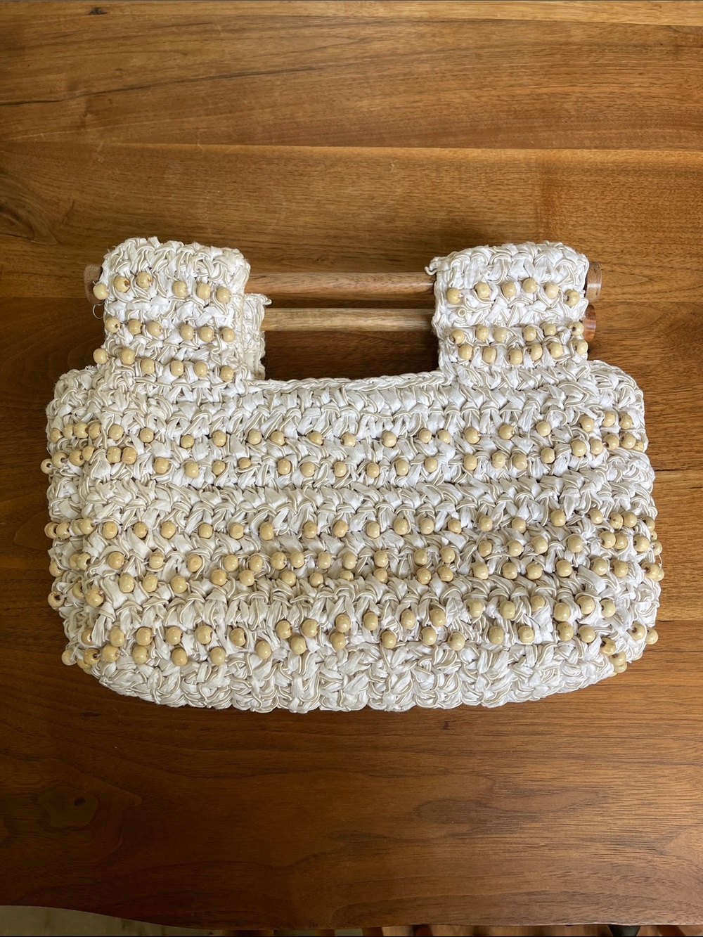 Anthropologie Woven Cream Bead-Accented Tote Bag